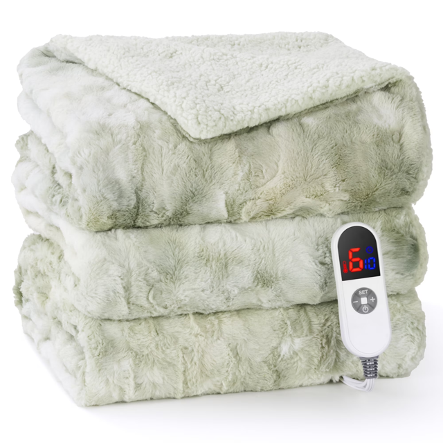 MARNUR Heated Blanket Full Size, 72"x84" electric heated blanket with faux fur and sherpa in tie-dye green. Includes 6 heat levels, a 10-hour timer, LED display, and machine washable design. The blanket is folded neatly with the LED controller visible, ideal for beds or couches.