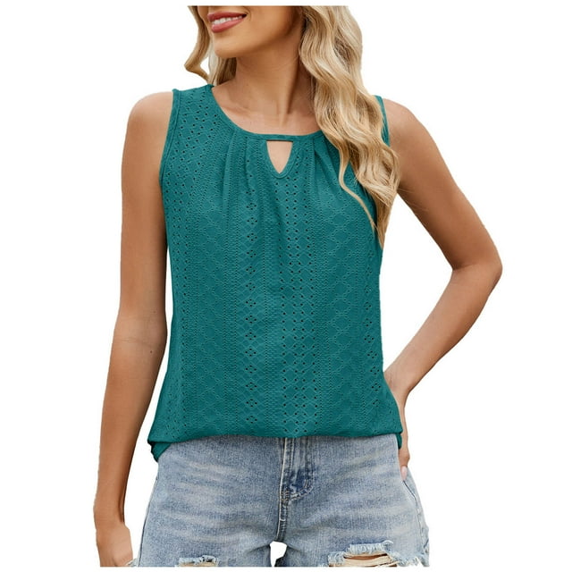 Timegard Camisole à Oeillets pour Femmes Col Rond Froncée Ample Décontractée Confortable Sans Manches Haut Mode d'Été