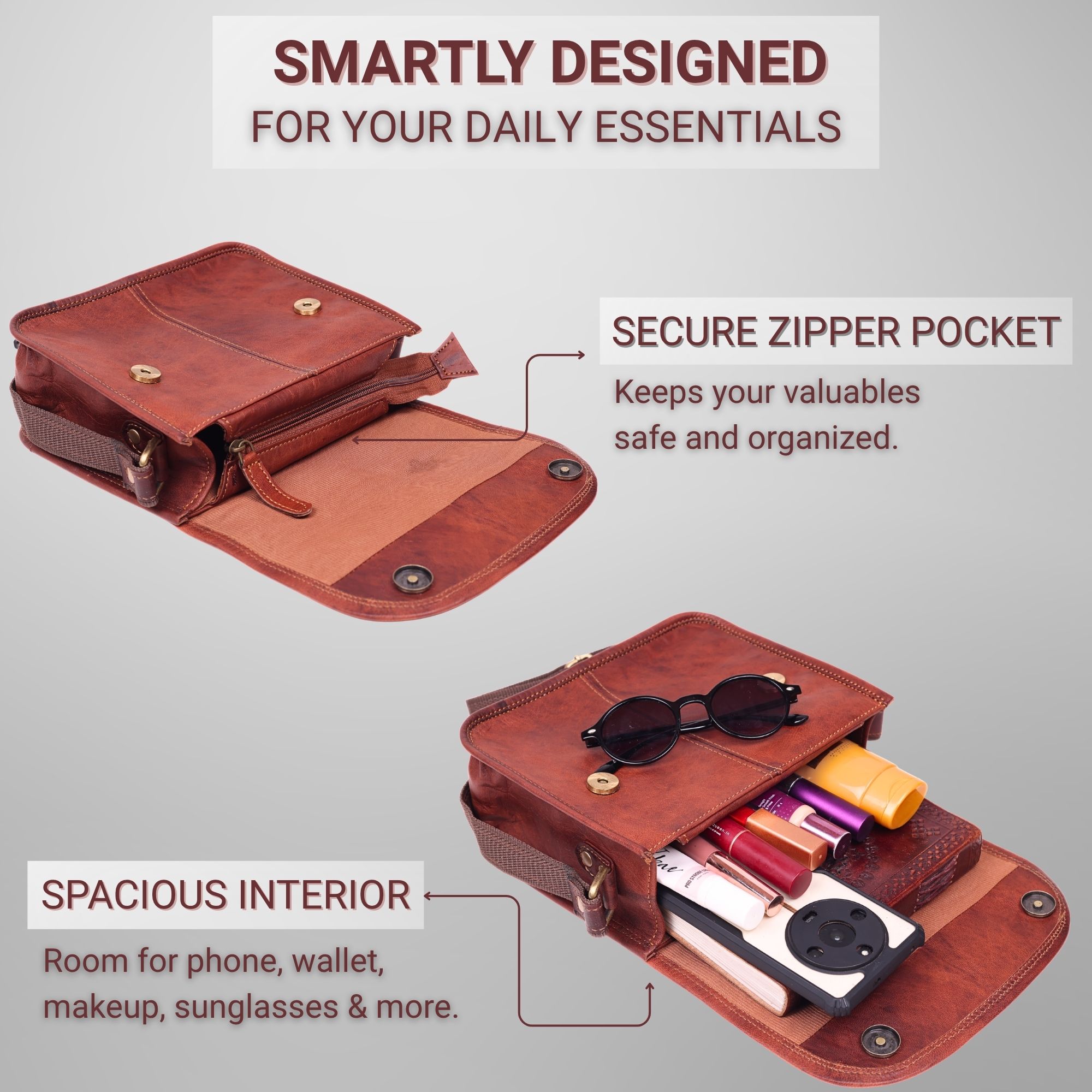9" Small Leather Crossbody Bags for Women – Genuine Brown Leather Purse, Cute Shoulder Handbag, Vintage Cross Body Mini Bag (Brown)