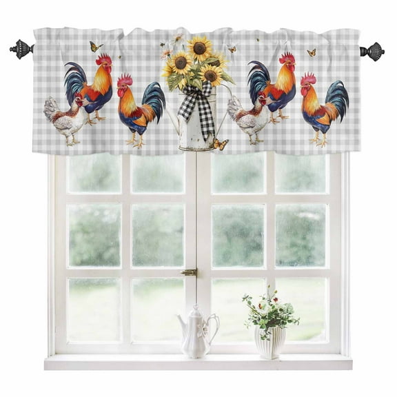 Chicken Sunflowers Kitchen Valances for Windows 42x12 Inch Kitchen Curtains Valances Rod Pocket Floral Butterfly Gray White Buffalo Plaid Bathroom Window Valances for Window Treatment Decor