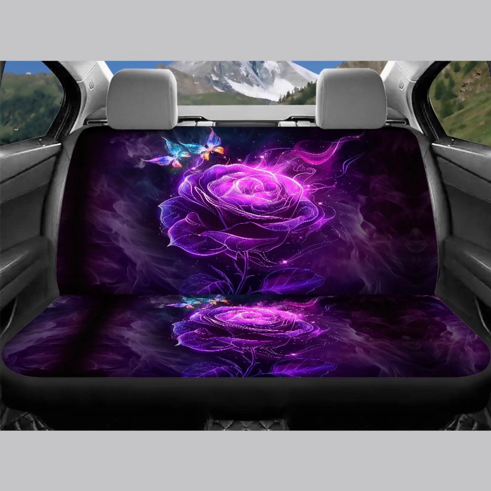 Pzuqiu Purple Rose Butterfly Full Set Universal Seat Covers for Cars Breathable Car Seat Cushion Easy to Install Front and Rear Split Bench Seat Covers Universal Fit Cars Sedans Trucks, Purple