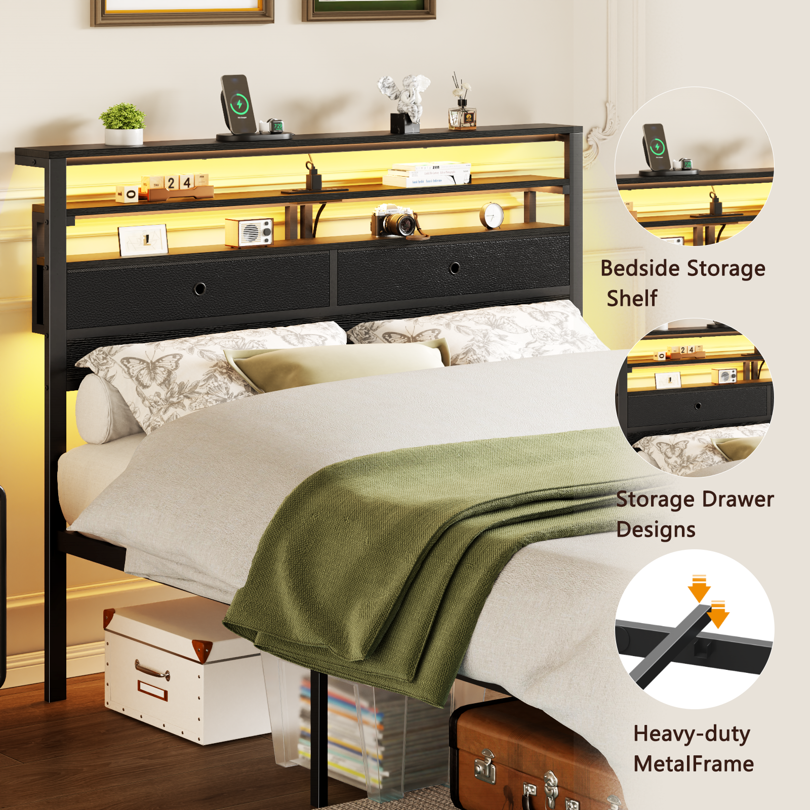 BYT Full Size Bed Frame with 2 Storage Drawers Headboard, LED & Charging Station, Black oack
