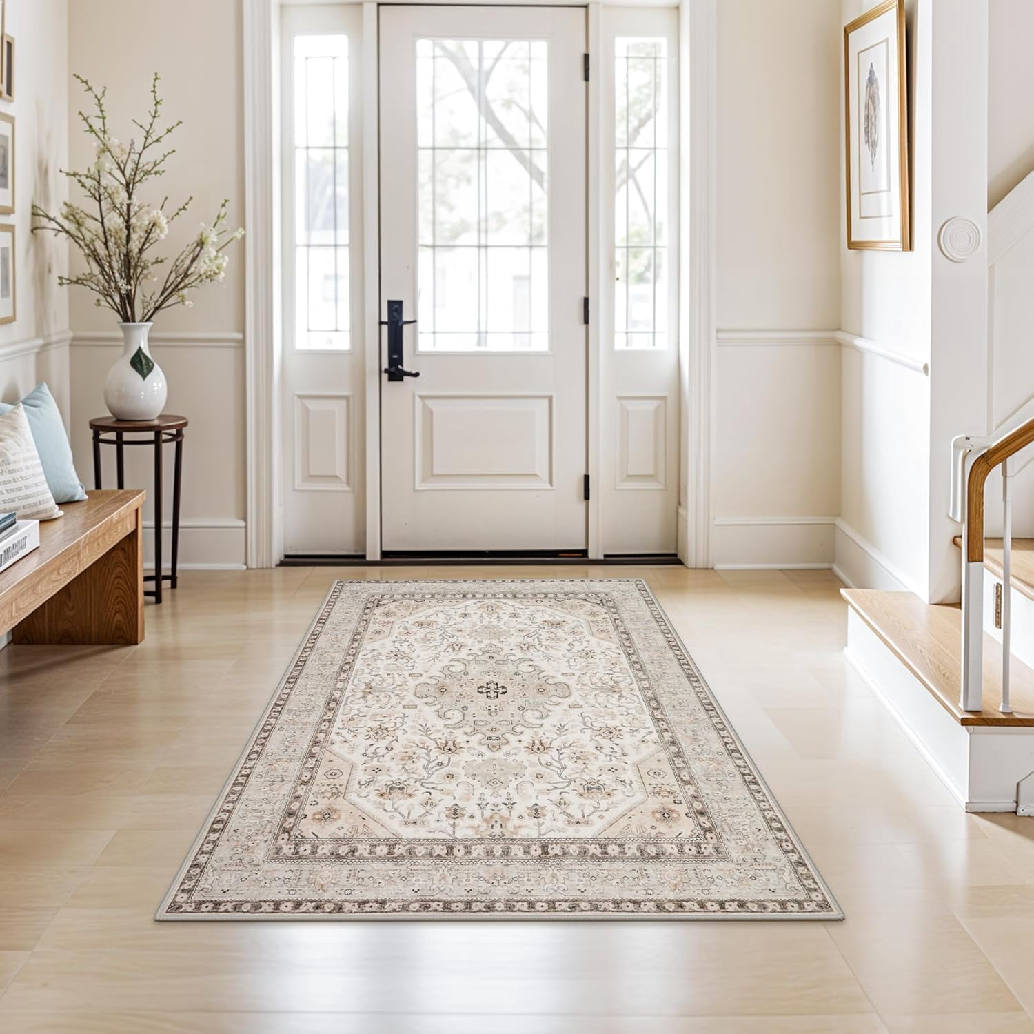 YOUFORTONG 4x5 Washable Entryway Area Rug, Non-Slip Oriental Farmhouse Low Pile Stain Resistant Thin Front Door Mat for Bathroom Kitchen,Ivory