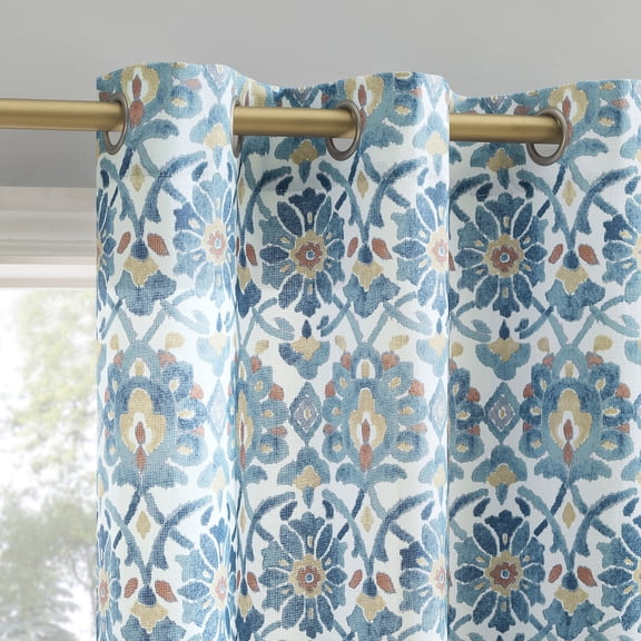 No. 918 Hastings Watercolor Medallion Semi-Sheer Grommet Curtain Panel, 40"W X 84"L, Denim Blue