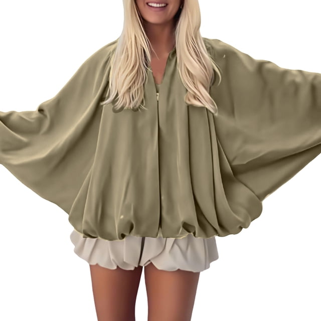 ManxiVoo Veste Matelassée Surdimensionnée pour Femmes Mode Manches Chauve-Souris Manteau Col à Revers Fermeture Éclair devant Style Décontracté de Rue m Taille Café