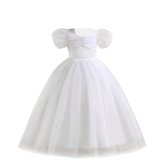 Big Girls Dress Girls Glitter White Dresses Puff Sleeves Retro Ruched Front A-Line Evening Ball Gown Princess Wedding Bridesmaid Party Holiday Long Maxi Dresses New White 9T