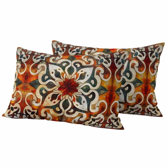 Burnt Orange Green Outdoor Waterproof Pillow Covers, Vintage Abstract Flowers Decorative Rectangle Throw Pillowcase Sofa Cushion Sham for Patio/Couch/Chair, 20"x12" 2 Pack
