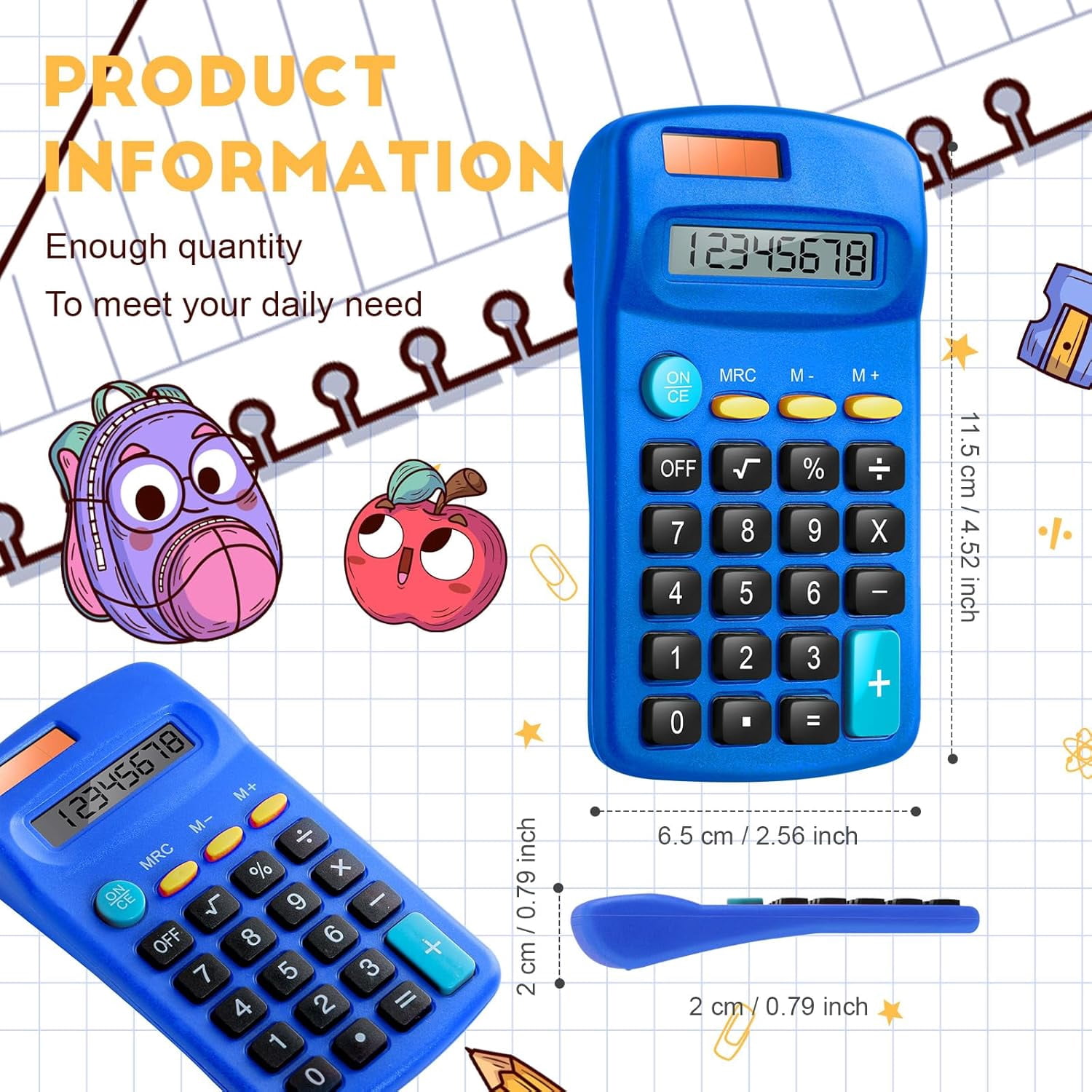 12 Packs Pocket Size Mini Blue Calculator Basic Calculators for Handheld Angled Students 8 Digit Display Solar Battery Dual Power Small Kids Home Office
