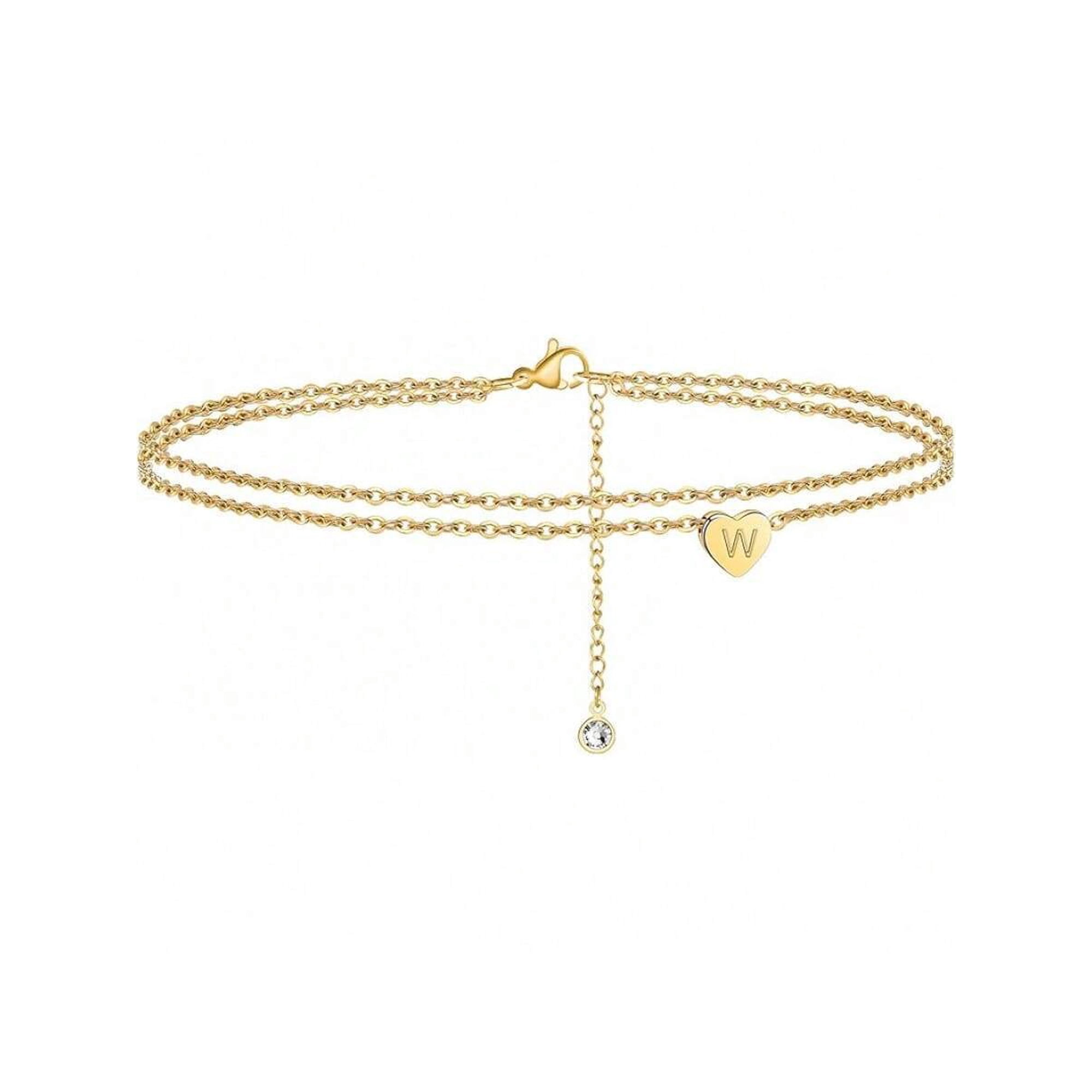 Layered Goldtone Heart Initial Ankle Bracelet With Crystal Charm - W