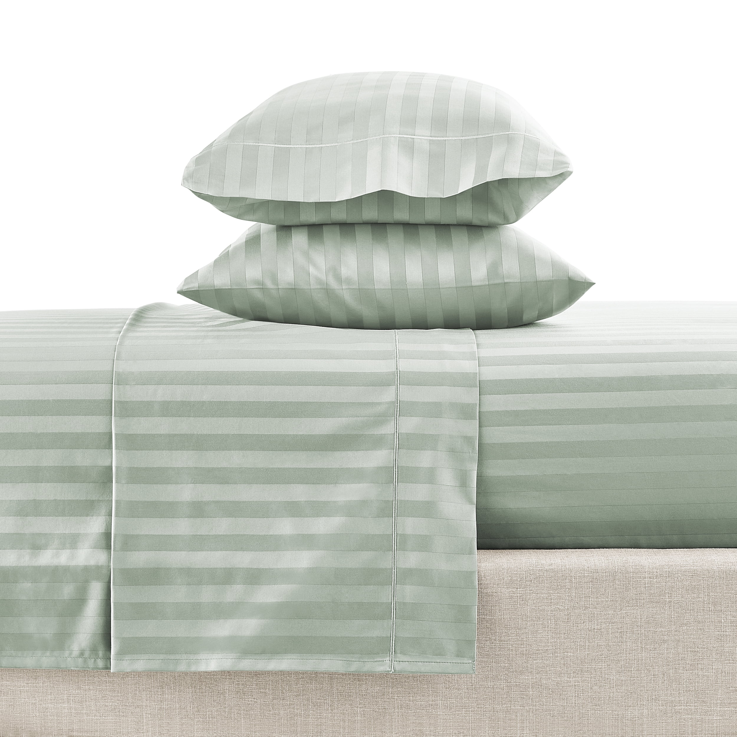 Hotel Style 4-Piece 600 Thread Count Green Stripe Egyptian Cotton Adult Bed Sheets, Queen-Deep Pocket