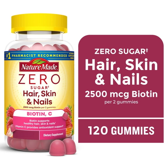 Nature Made Zero Sugar Hair Skin Nails Gummies Dietary Supplement, 120 Gummies