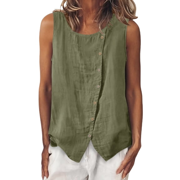 Womens Cotton Linen Tank Tops, Sleeveless Shirts for Women Summer Casual Lightweight Crewneck Dressy Blouses with Buttons Mothers Gifts