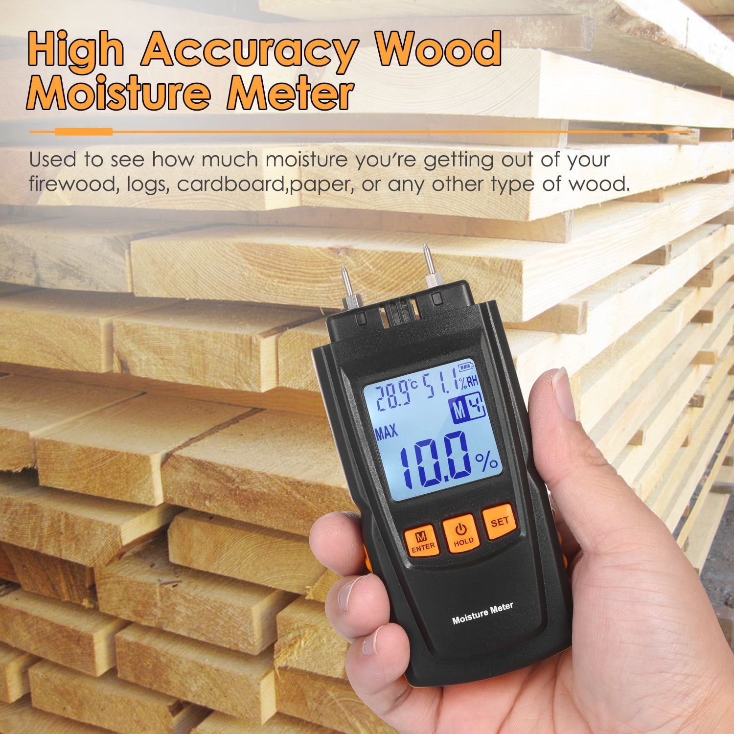 High Accuracy with LCD Large Screen Automatic Shutdown Wood Moisture Meter 20-70℃ Wood Temperature/Humidity Detector for Woodworker