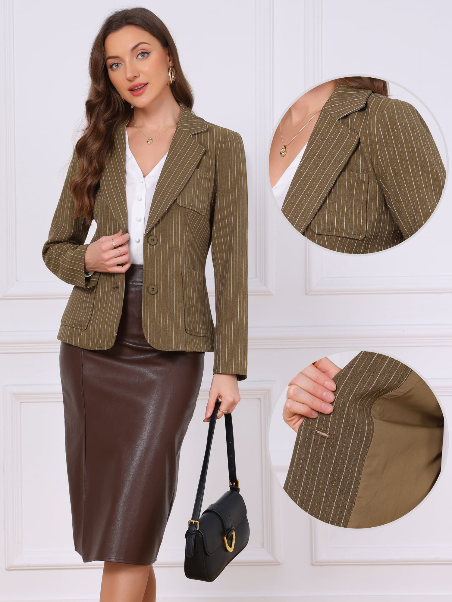DARING DIVA Women's Pinstripe Blazers Long Sleeve Jacket XL Dark Brown Stripes
