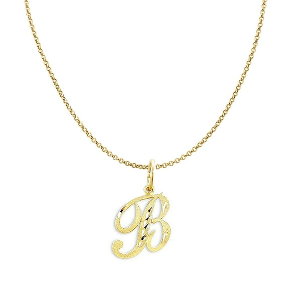 Genuine 14K Yellow Gold 0.78" Fancy Cursive Letter Initial B Necklace 16", 18", 20", 22" Trendy Charm Initial Necklaces for Women