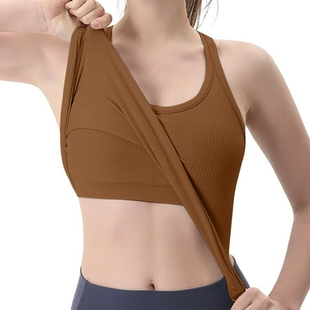 HCURIBAD Sports Bras for Women  Summer Solid Color Workout Tank Tops for Women with Built in Bra  Sleeveless Gym Tops Seamless Racerback Athletic Yoga Shirts  Wireless Bras for Women Coffee L