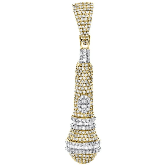 10K Yellow Gold Baguette Diamond Microphone Mic Pendant 2.1" Pave Charm 1.65 CT.