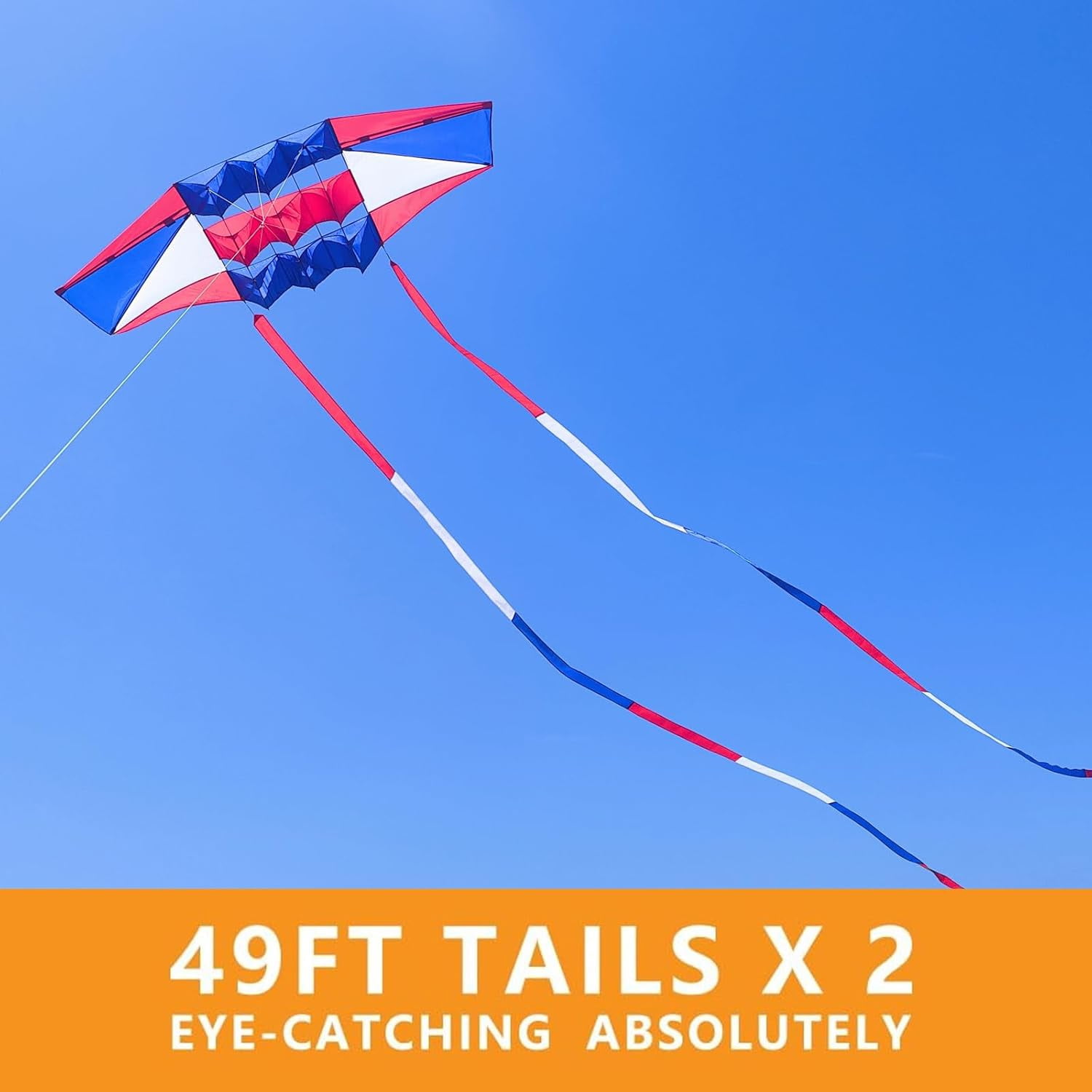 Large 98-Inch 3D Rainbow Box Kite for Adults, Super Easy Flyer with Two 49-Ft Multi-Color Tails, 300-Ft String and Handle