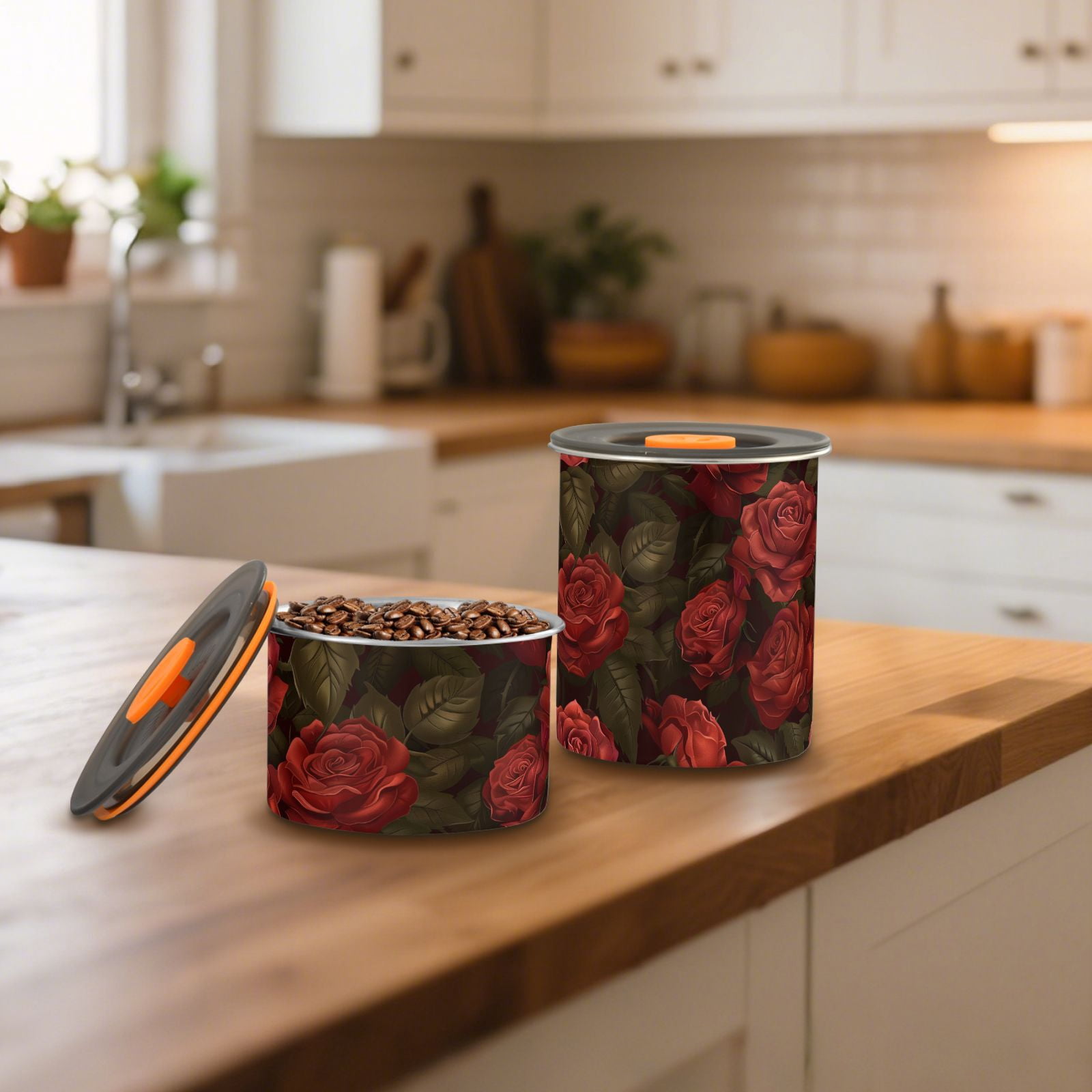 Dark Red Rose Flowers Airtight Coffee Bean Canister 30oz Food Storage Containers with Lids For Gournd, Tea, Sugar, Flour, Rice, Cereal, Candy Cookie Jar