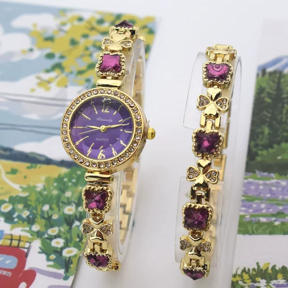 2Pcs/set Women Butterfly Rhinestone Bracelet Watch Set, Round Dial Quartz Wrist Watch, Crystal Ladies Dress Wristwatch for Daily wear