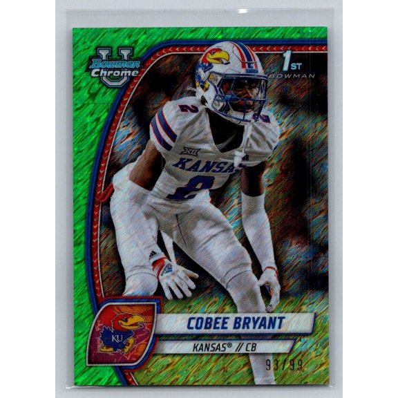 Collectible 2024 Bowman University Green Shimmer Cobee Bryant /99 Football Card #44 Kansas Jayhawks