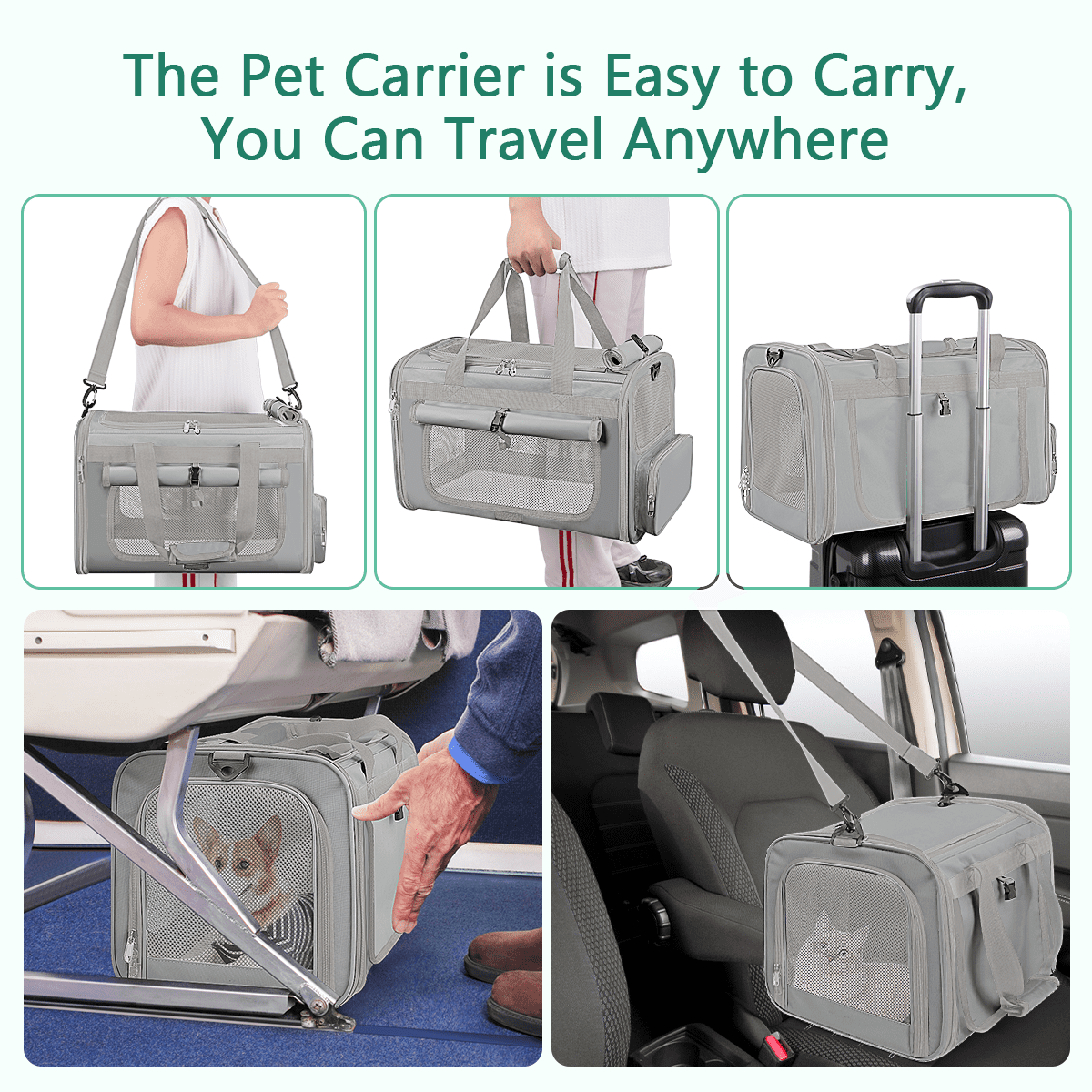 CshidWorld Collapsible Cat Carrier Pet Carrier for Large Cats (up to 25lbs), TSA Airline Approved Cats Carrier Soft Sided, Small Dog Travel Bag with a Bowl/Safety Leash-Gray