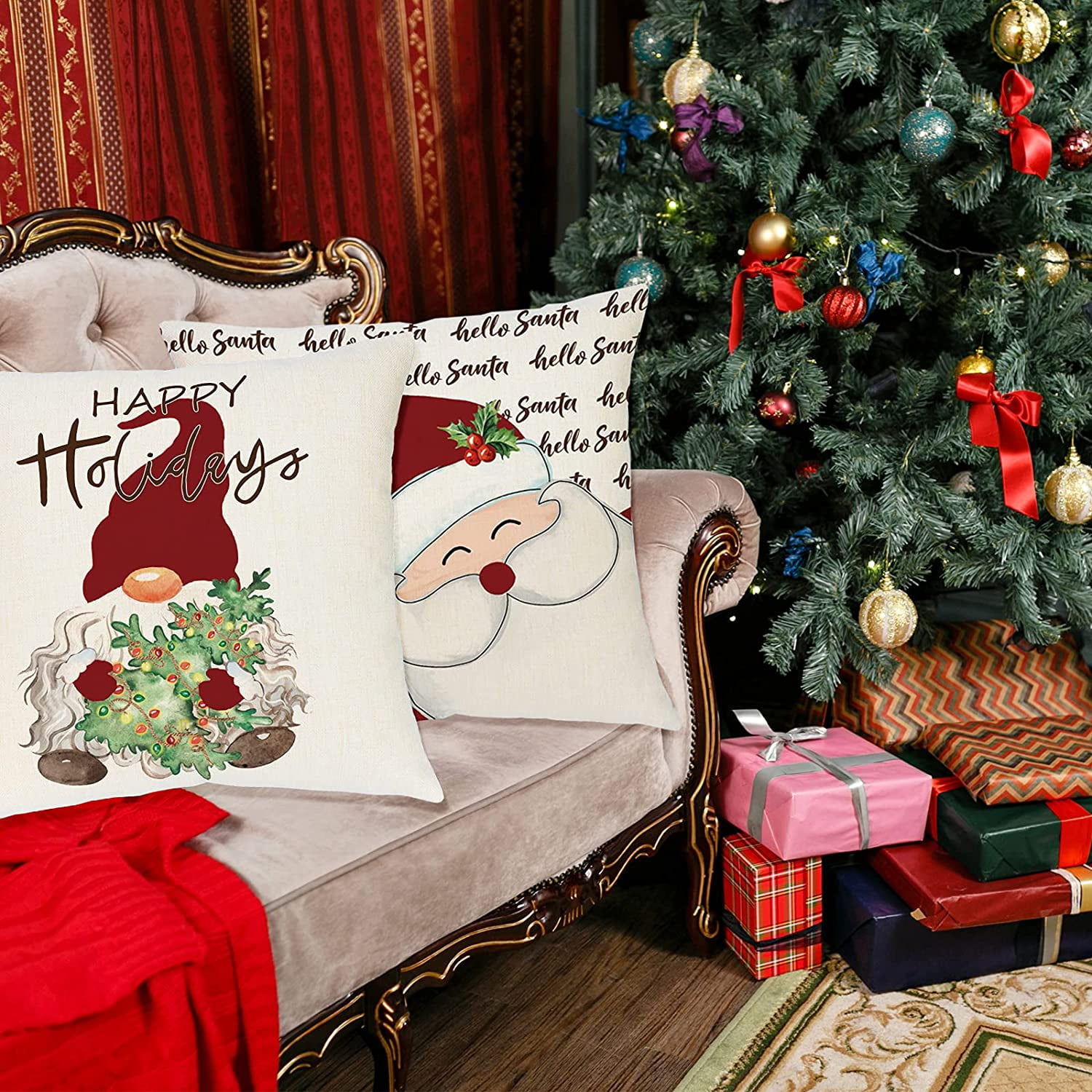 HTOOQ Christmas Decorations Pillow Covers 16 x 16 Set of 4 Farmhouse Christmas Decor Gnome Santa Snowman Rustic Winter Holiday Decorations Throw