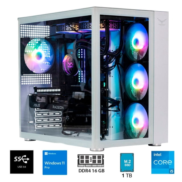 computadora gaming naceb torre blanca 3/4 frontal con panel lateral de vidrio templado, ventiladores RGB frontales y traseros, refrigeración líquida con radiador y tubos visibles, tarjeta gráfica Radeon y memoria DDR4 16 GB, M.2 SSD 1 TB; ideal para gaming y tareas administrativas diarias.