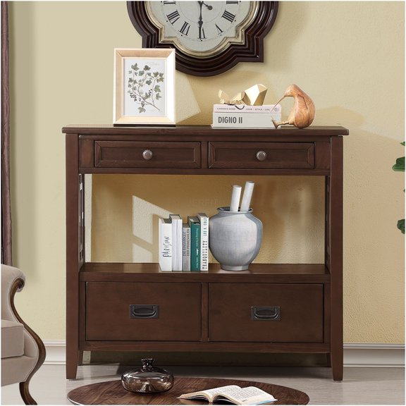 JERFIT 36 inch Farmhouse Console Table with 4 Drawers, Sofa Table for Entryway, Solid Pine Wood Hallway Table with Storage Shelf for Living Room, Bedroom, Kitchen in Espresso Finish