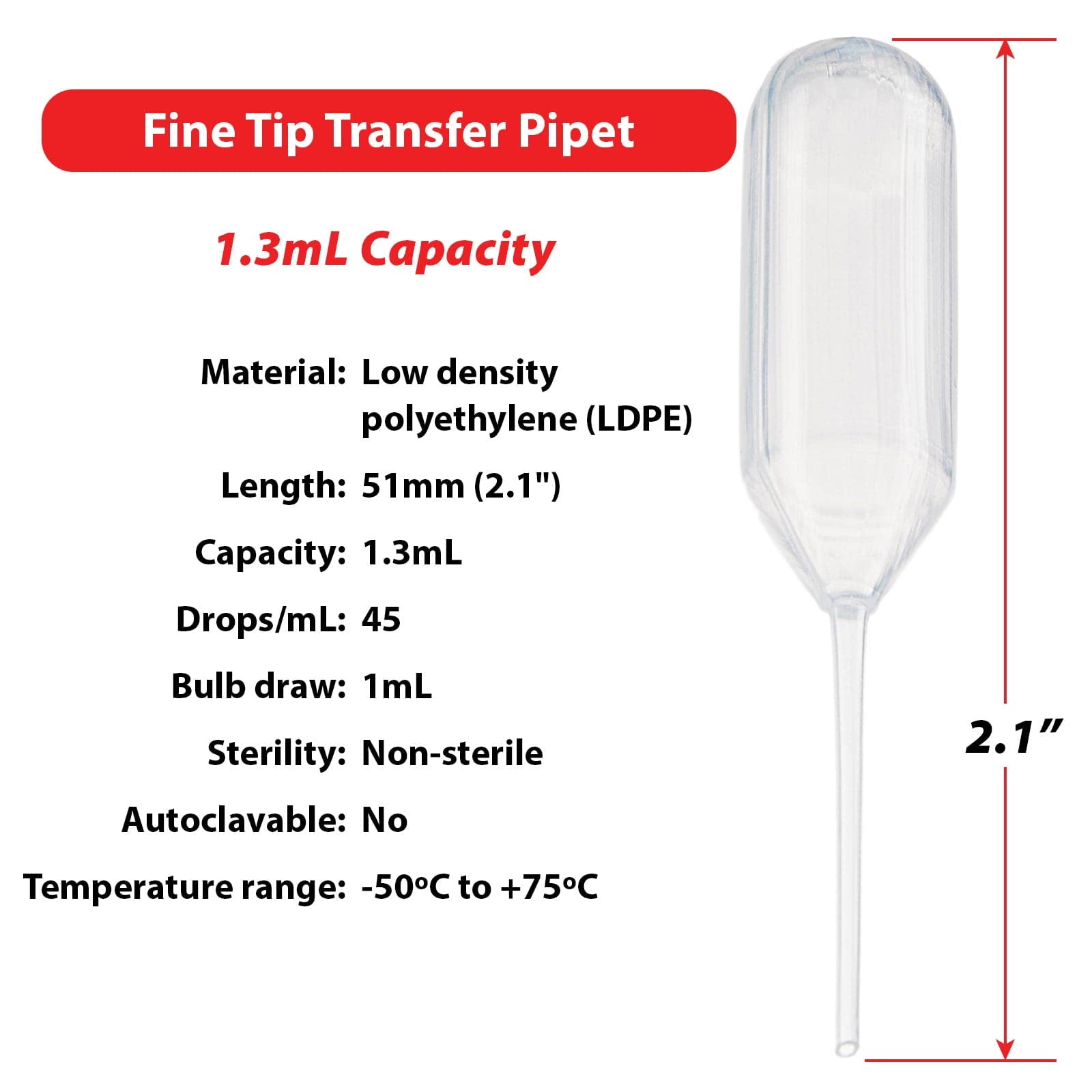 Globe Scientific 134010-500 LDPE Fine Tip Transfer Pipet, Non-Sterile, 51mm Length, 1.3mL Capacity (Box of 500) CA1