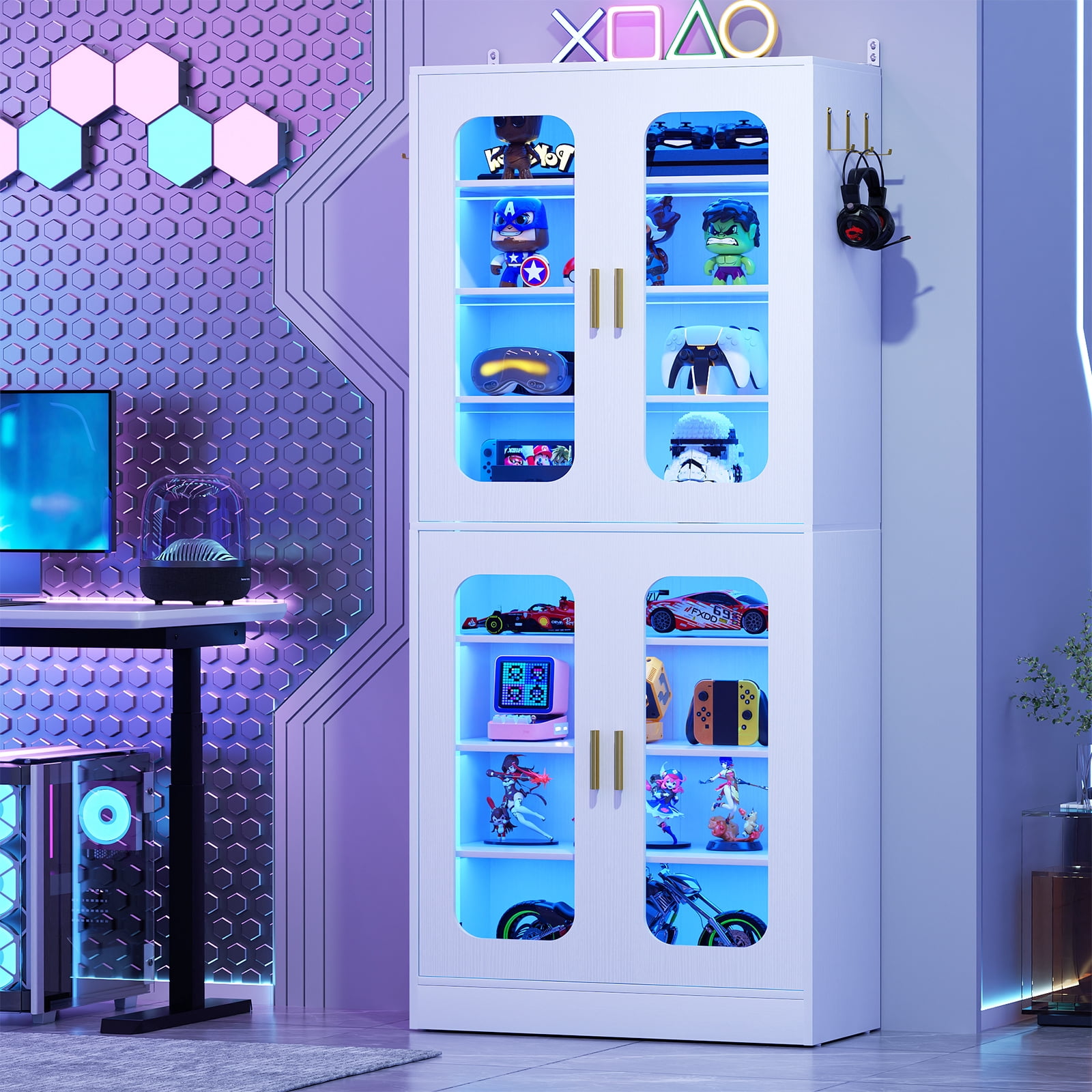 Homieasy 8-Tier LED Shoe Cabinet with Adjustable Shelves - 67 inch Tall Shoe Racks with Hooks for Entryway, Living Room, 24-32 Pairs,White
