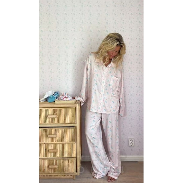 Pijamas estampados de manga larga europeos y americanos, pantalones irregulares divididos, traje holgado, ropa de hogar para mujer