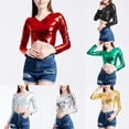 thumbnail image 5 of Women Faux Leather Shiny Wetlook Crop Top Long Sleeve V-neck Top Dance Clubwear, 5 of 11