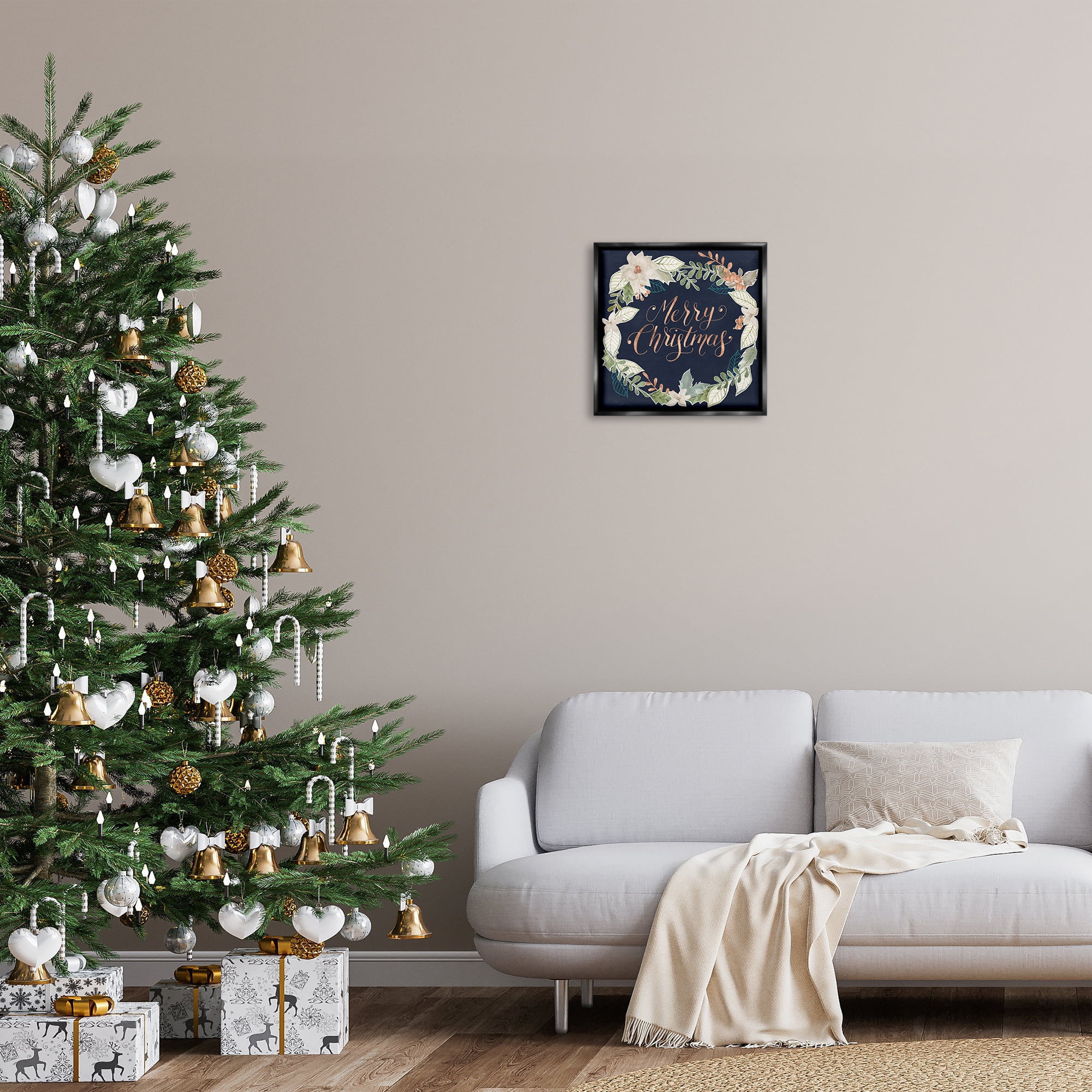 Stupell Industries Traditional Christmas Wreath Holiday Painting Black Floater Framed Art Print Wall Art, 18 x 18