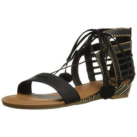 - Sugar Women's Dreamer 2 Open Toe Pom Pom Demi Raffia Lace-up Wedge, Black Smooth/Natural, 7.5 M US