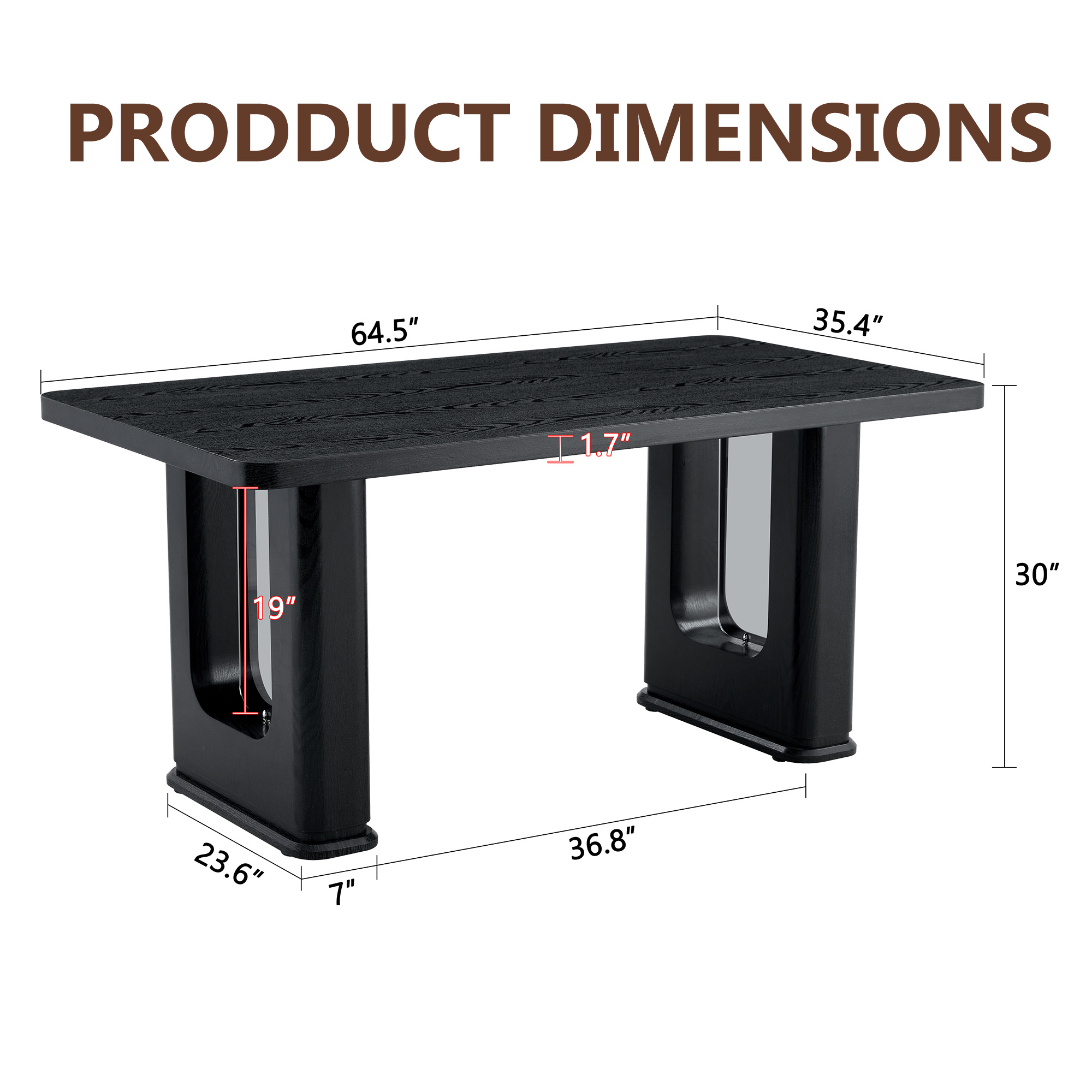 Mintazer 64 Inch Modern Black Wood Grain Rectangular Dining Table with Tempered Glass Inset Legs, Minimalist Kitchen Table for 6-8 People, Black