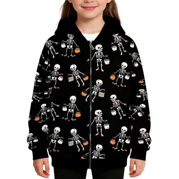 HCYSFG Girls Halloween Zip Up Hoodies Skeleton Graphic Hooded Long Sleeve Relaxed Fit Casual Tops Front Closure With Pockets Sweatshirt Jackets