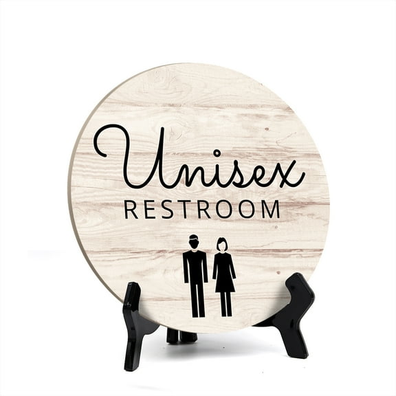 Round Unisex Restroom, Light Wood Color Bathroom Table Sign with Acrylic Easel (5 x 5")