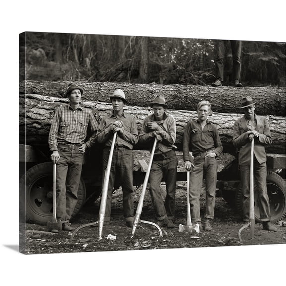 Great BIG Canvas | "Vintage Photograph of Logging crew standing in front of felled tree on a wagon" Canvas Wall Art - 24x18