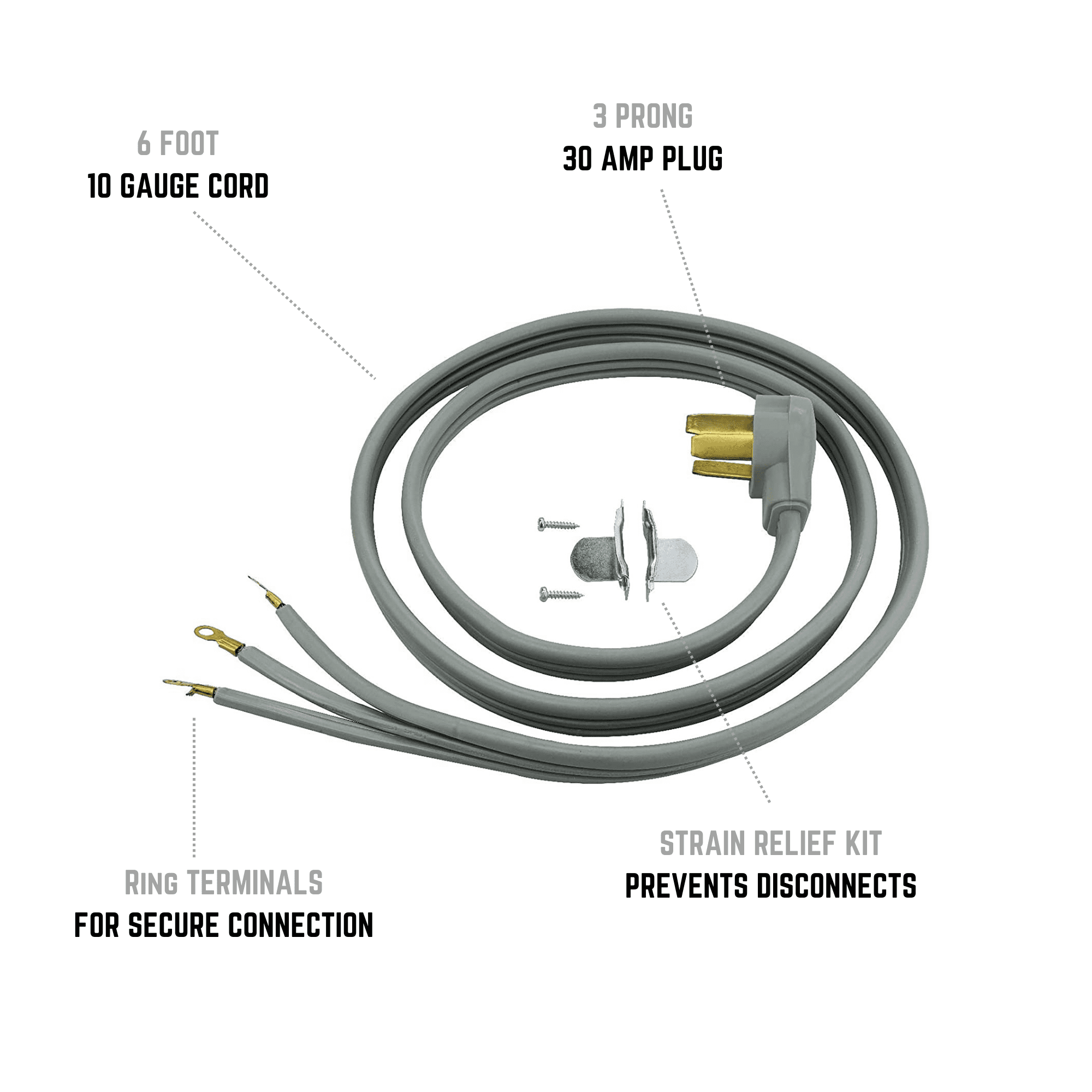 Clear Power 6 ft 10/3 SRDT, Indoor Dryer Cord, 3-Wire 30 Amp, Gray, CP10016