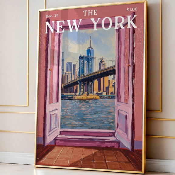 Open Window New York Cityscape Print, Whimsical Xmas Nyc Art, Trendy Horizontal Print Travel Decor Skyline Art, Nyc Wall Art Xmas Poster , Poster Print Only