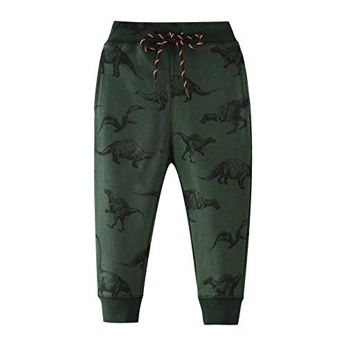 HUAER& Boys Cartoon Print Dinosaur Monkey Pattern Cotton Pants Drawstring Elastic Sweatpants (3T, Dark Green & Dinosaur)