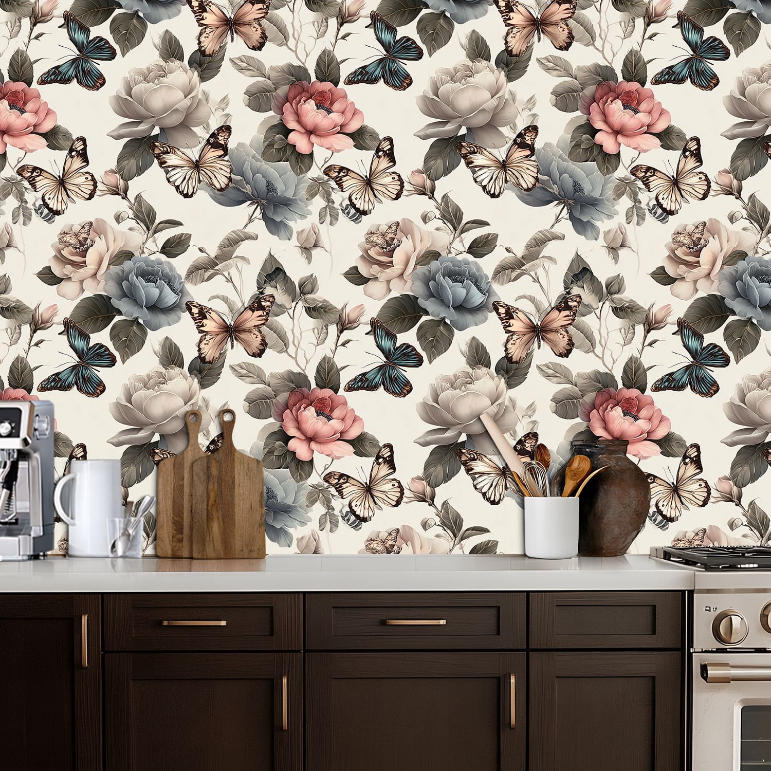Peel and Stick Wallpaper Elegant Floral Butterflies Pastel Botanical Spring Wall Mural 17.7in x 9.8ft Self Adhesive Removable Wall Paper Renter Friendly Wallpaper for Nursery Bedroom Cabinets