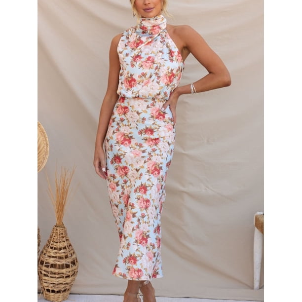 Women Summer Satin Sexy Long Dress Solid Color Fashion Sleeveless Halter Female Casual Elegant Midi Maxi Dress 2023XL Gao Jinjia LED
