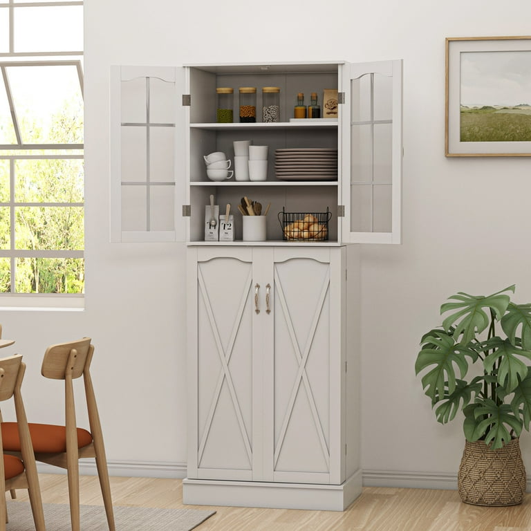 64 Kitchen Pantry Cabinets, White Kitchen Pantry Storage Cabinet with  Adjustable Shelves & Doors, Buffet Cupboards Sideboard Storage Cabinet  Office Use 