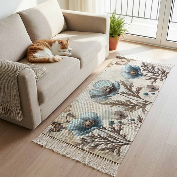 Teal Tulip Kitchen Runner Rug 2'x4', Vintage Spring Floral Summer Botanical Brown Washable Rug with Tassels, Non Slip Woven Cotton Bathroom Rugs Hallway Carpet for Foyer Bedroom Entry Back Door Decor