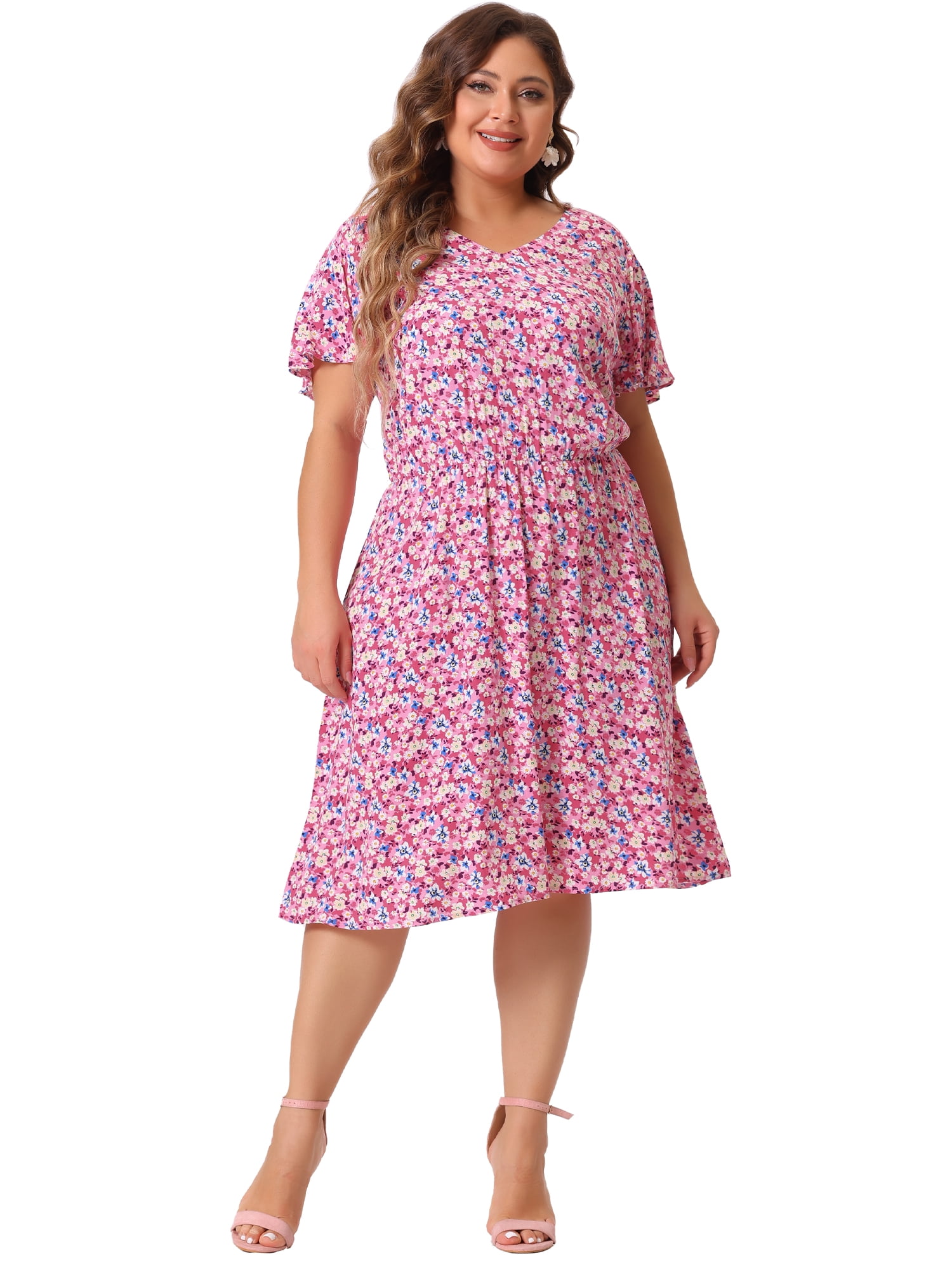 DARING DIVA Plus Size V Neck Flare Sleeve Peplum Midi Ruffle Dress 1X Dark Pink
