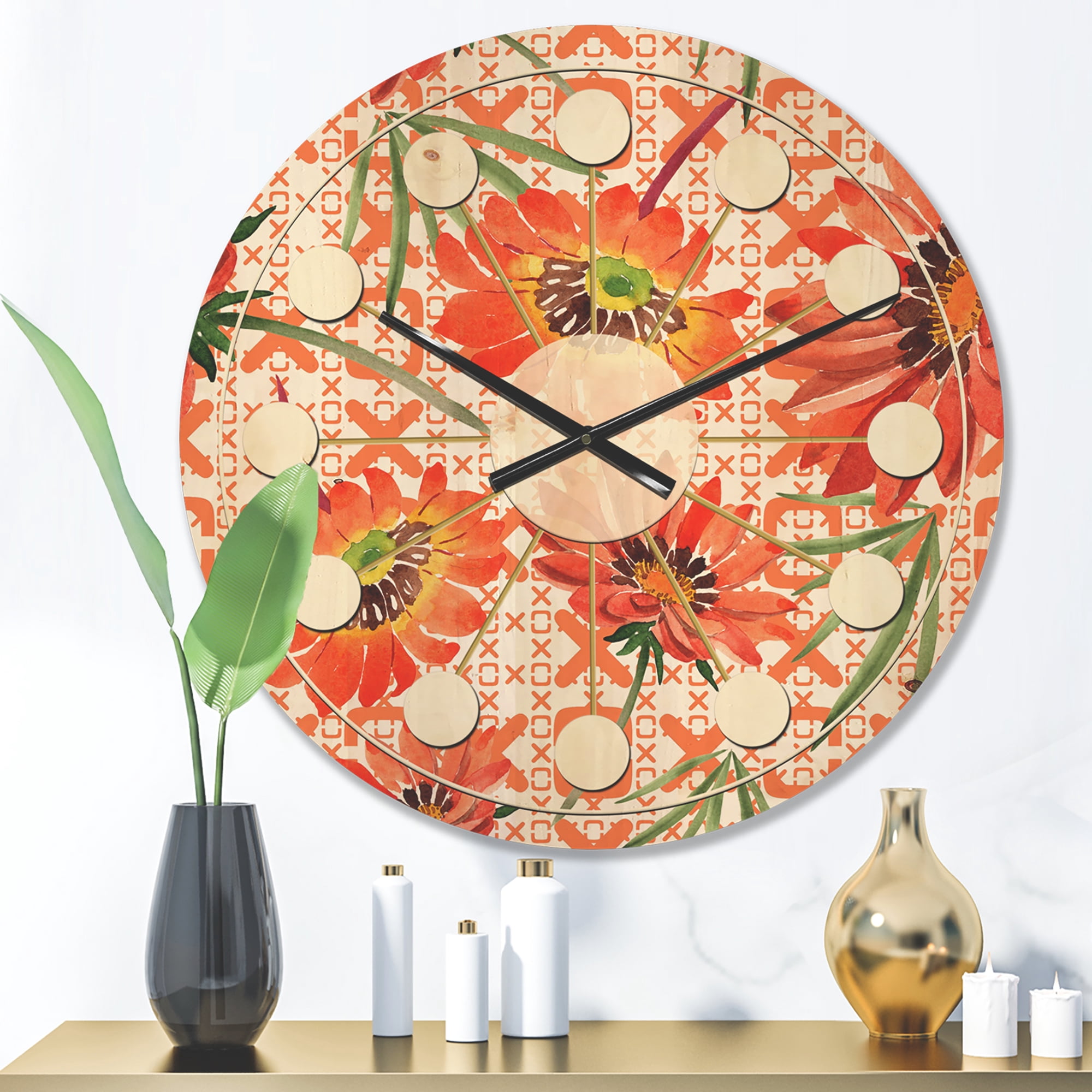 Designart 'Botanical Floral Retro I' Mid-Century Modern Wood Wall Clock