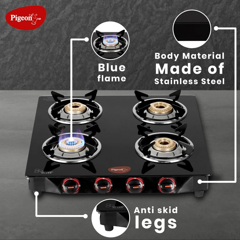 Pigeon By Stovekraft Aster Gas Stove 4 Burner With High Powered Brass Burner Gas Cooktop With Glass Top And Powder Coated Body Black 14297 Manual Ignition Walmart