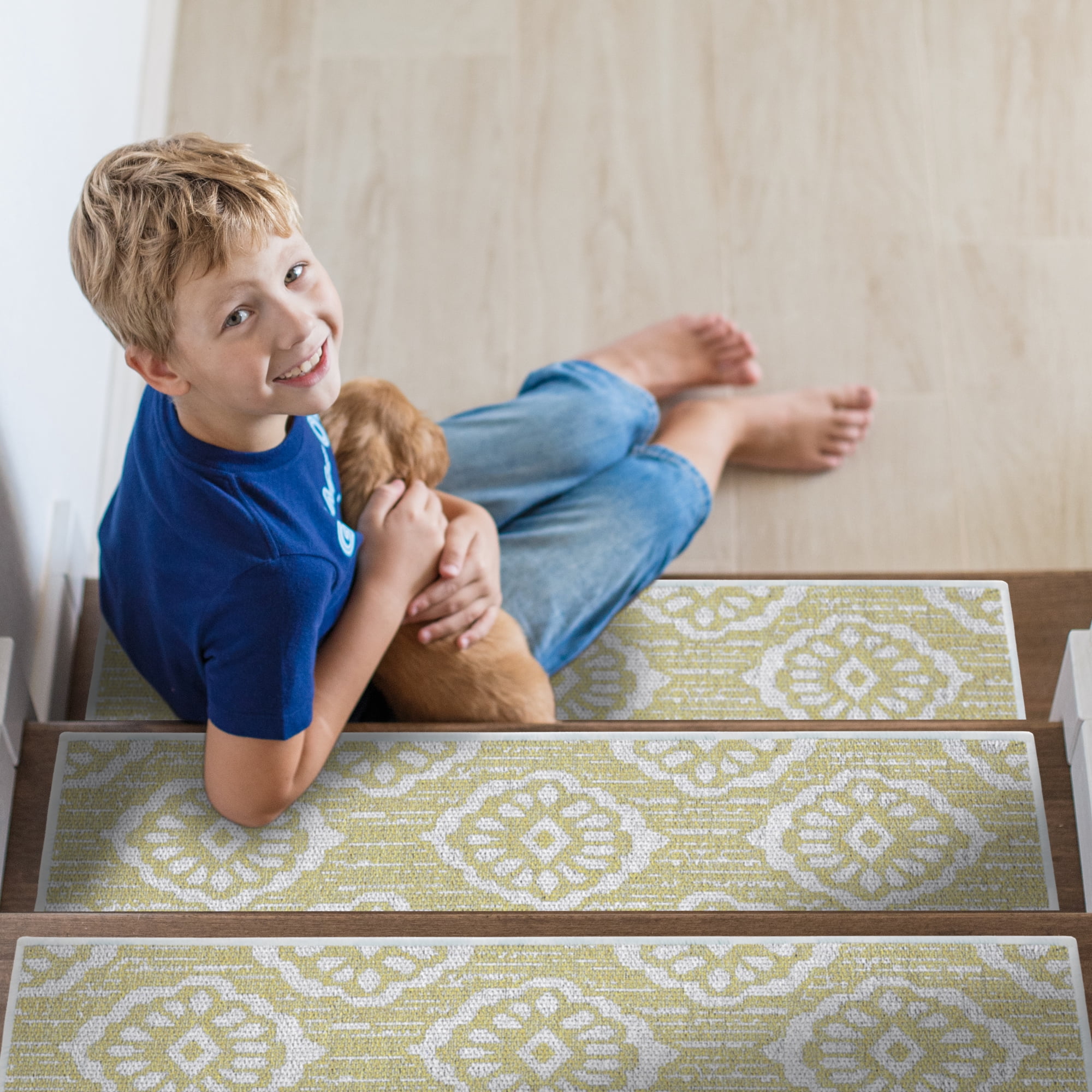 Flower Design 9" X 28" Stair Treads - 70 % Cotton Anti-Slip Carpet Strips for Indoor Stairs-Easy to Install Stair Treads with Double Adhesive Tape-Safe, Extra-Grip, 7-Pack-Banana Cream Yellow
